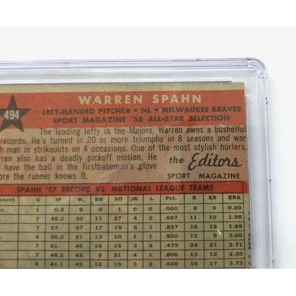 1958 Topps All Star - Warren Spahn - #494 Milwaukee Braves - CSG: 2.5 Good + - Picture 8 of 10